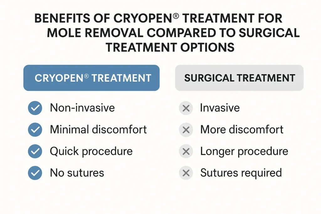 Table to show the benefits of getting moles removed Norwich from LA LIPO