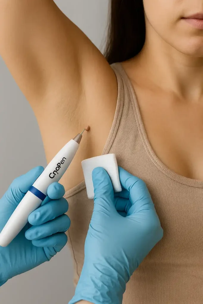 woman having cryopen to remove underarm skin tags Norwich