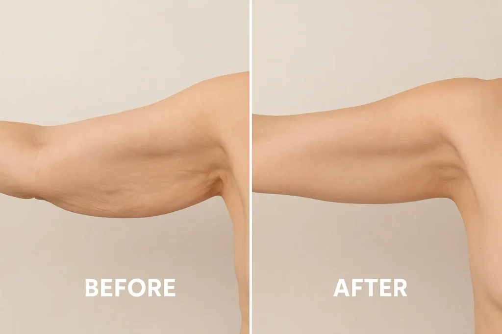 Picture of LA LIPO Norwich before and after results of skin tightening treatment on the upper arms.