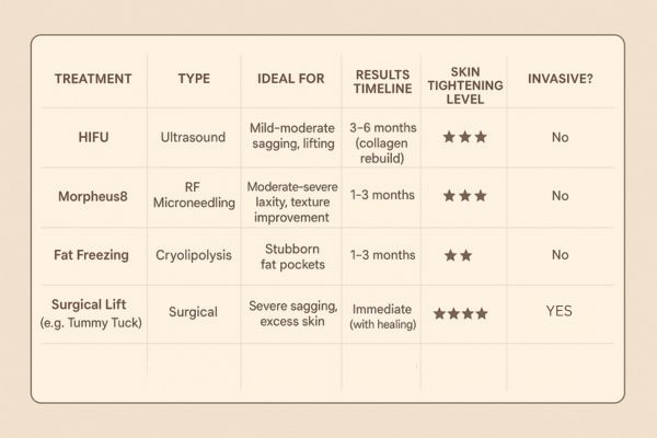 Table showing the comparisons of Skin tightening Norwich treatment options.